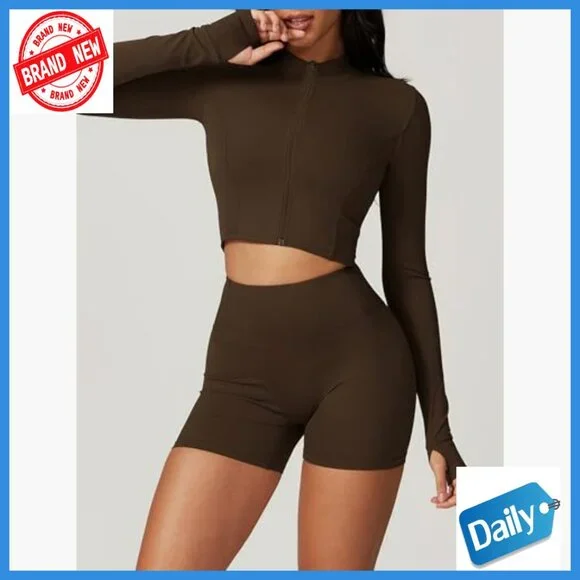 Seamless 3-Piece Workout Set High Waisted Shorts Crop Top Jacket - Picture 4 of 6